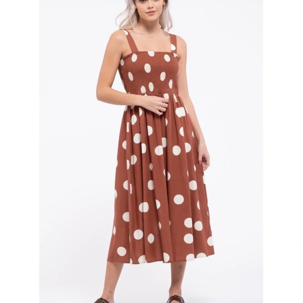 Altar'd State Brown / Burnt Orange and White Polka Dot Midi Dress - Picture 1 of 8